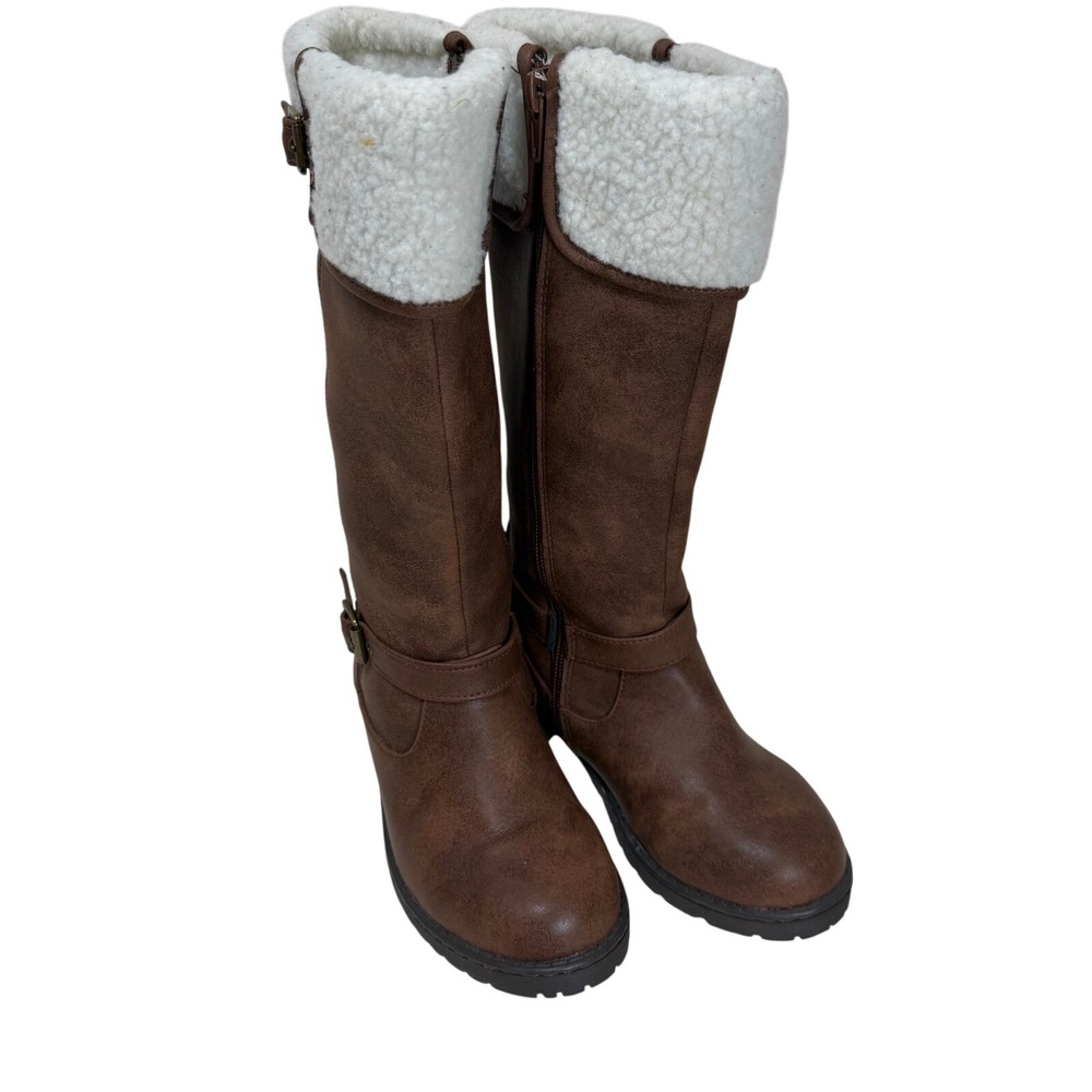 b.o.c. Irene Tall Boots Kids Size 1 Brown Faux Sherpa Buckle Strap Zipper 972174 - Picture 2 of 9